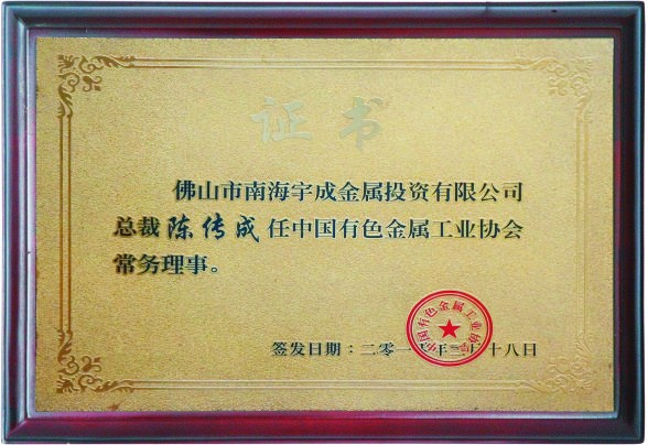 中国有色金属工业协会常务理事证书